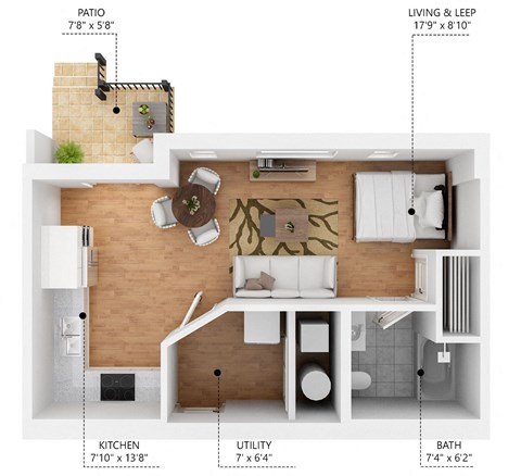 Floor plan for studio, 1 bath, 509 sqft
